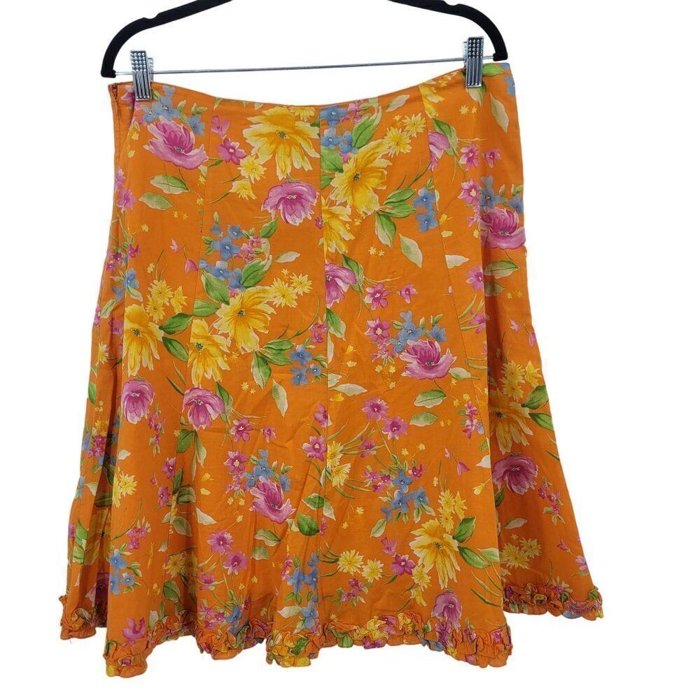 Vintage 90s Skirt 12 Orange Floral Cotton Paneled Tea Length A-line Ruffle Hem